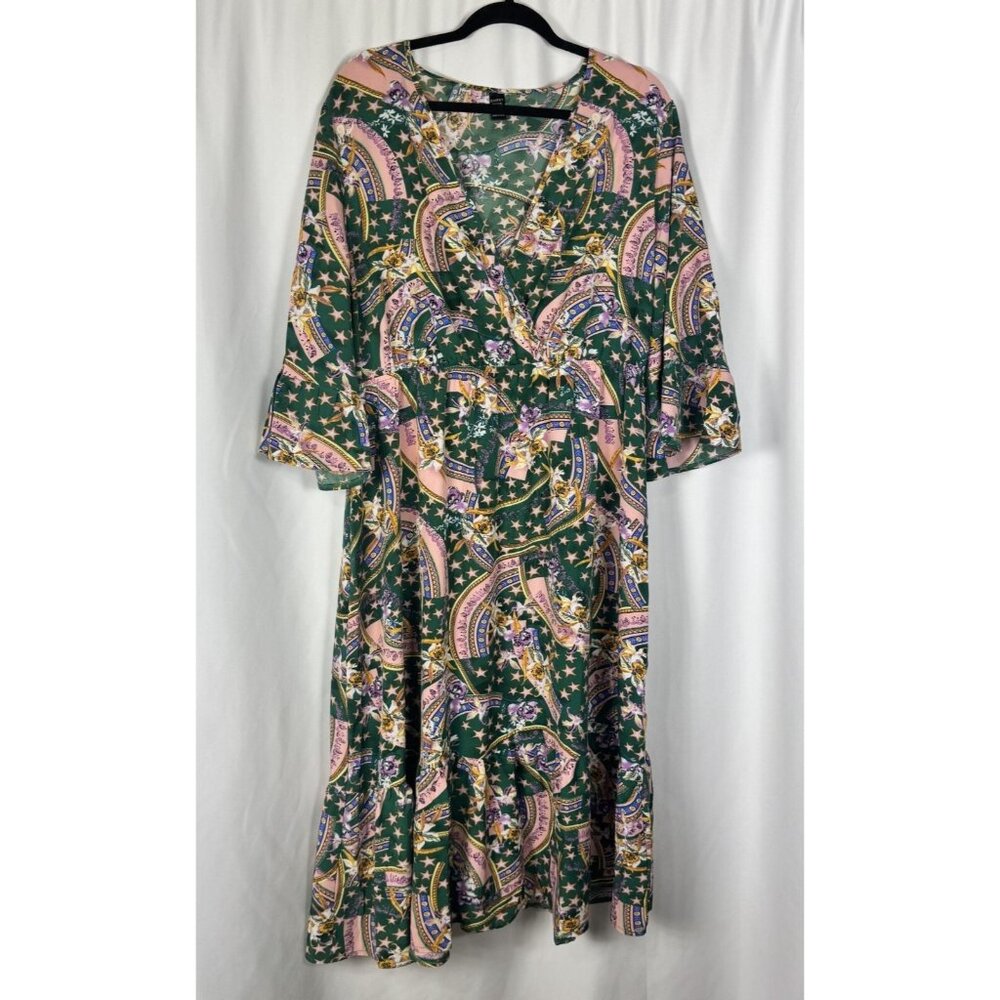 Emery Rose Green Floral Star Print Faux Wrap Midi Dress Bohemian Maximalist XXL